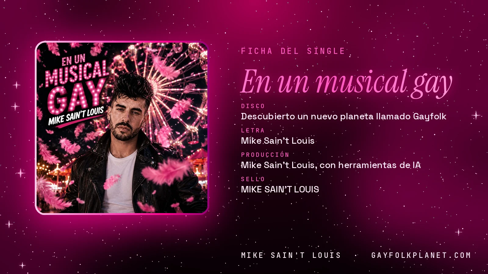 Ficha de la canción «En un musical gay» con su carátula: disco «Descubierto un nuevo planeta llamado Gayfolk», letra y producción de Mike Sain't Louis