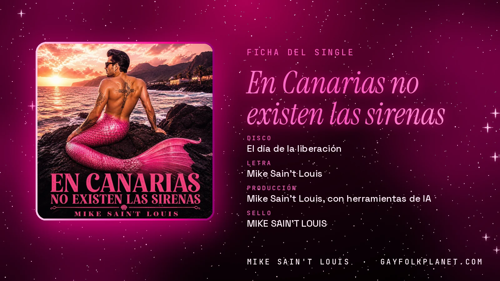 Ficha de la canción «En Canarias no existen las sirenas» con su carátula: disco «El día de la liberación», letra y producción de Mike Sain't Louis