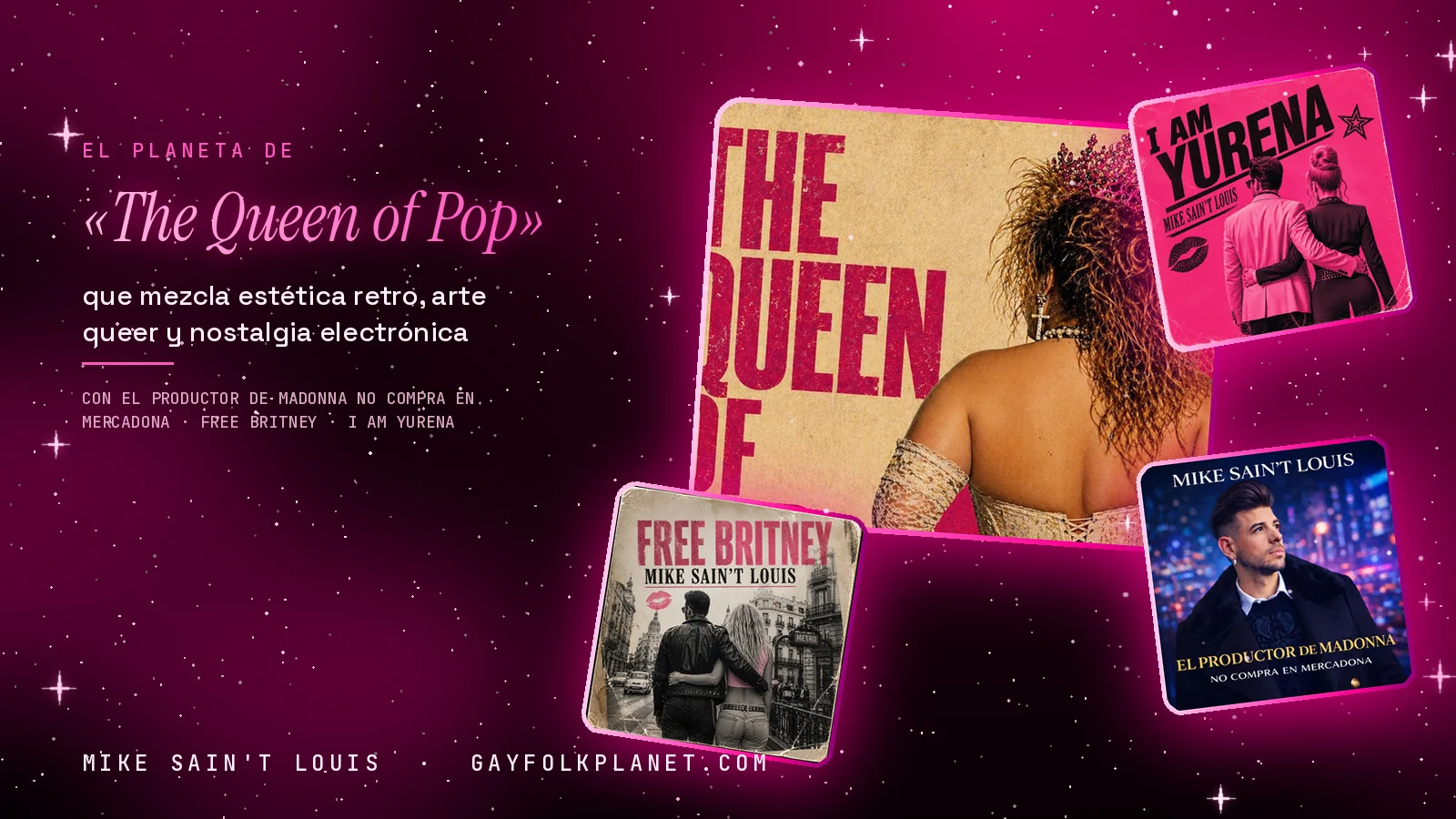 Collage con un detalle de la carátula de «The Queen of Pop» y las carátulas de «El productor de Madonna no compra en Mercadona», «Free Britney», «I Am Yurena»