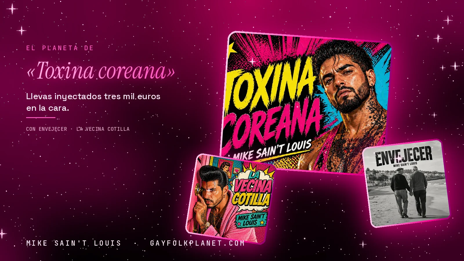 Collage con un detalle de la carátula de «Toxina coreana» y las carátulas de «Envejecer», «La Vecina Cotilla»