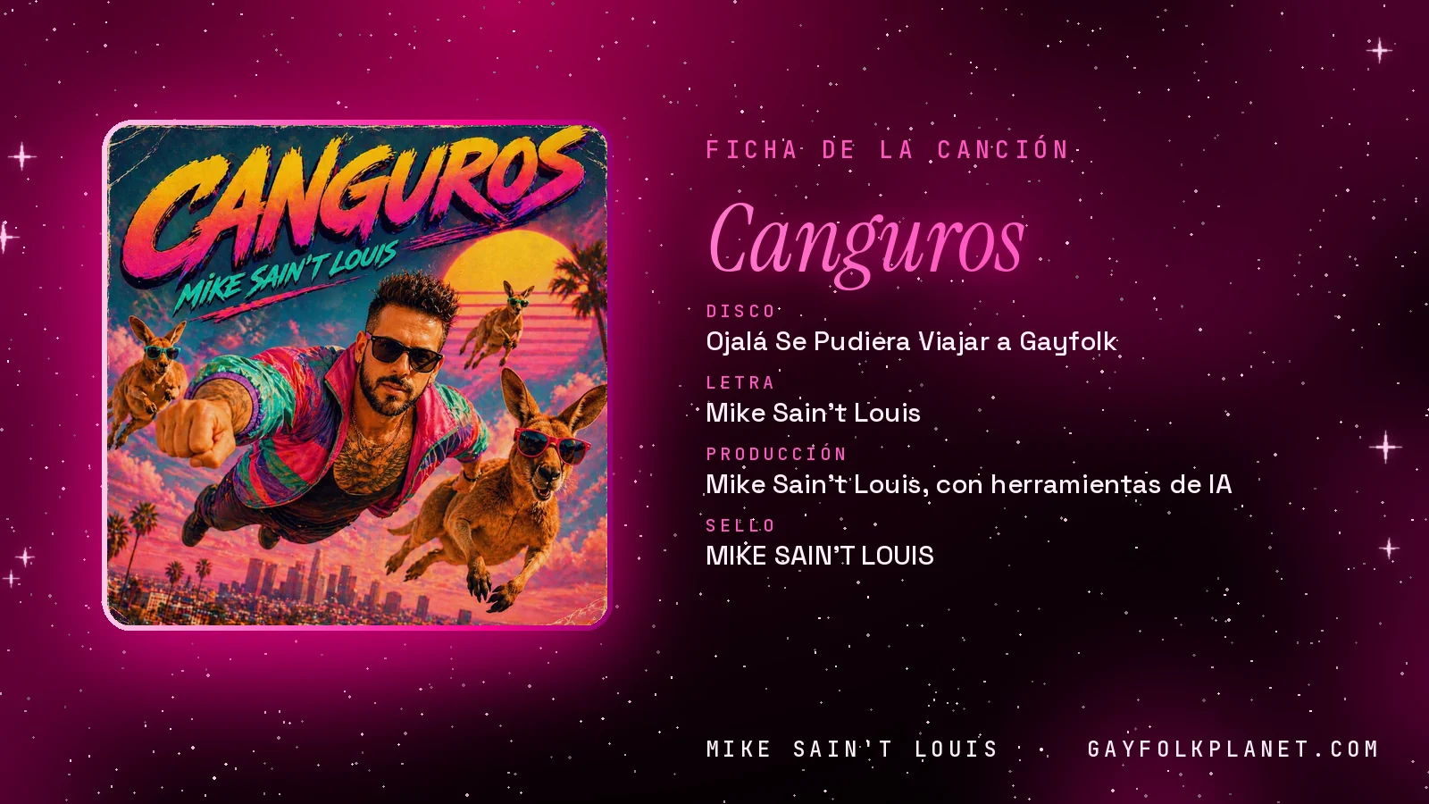 Ficha de la canción «Canguros» con su carátula: disco «Ojalá Se Pudiera Viajar a Gayfolk», letra y producción de Mike Sain't Louis