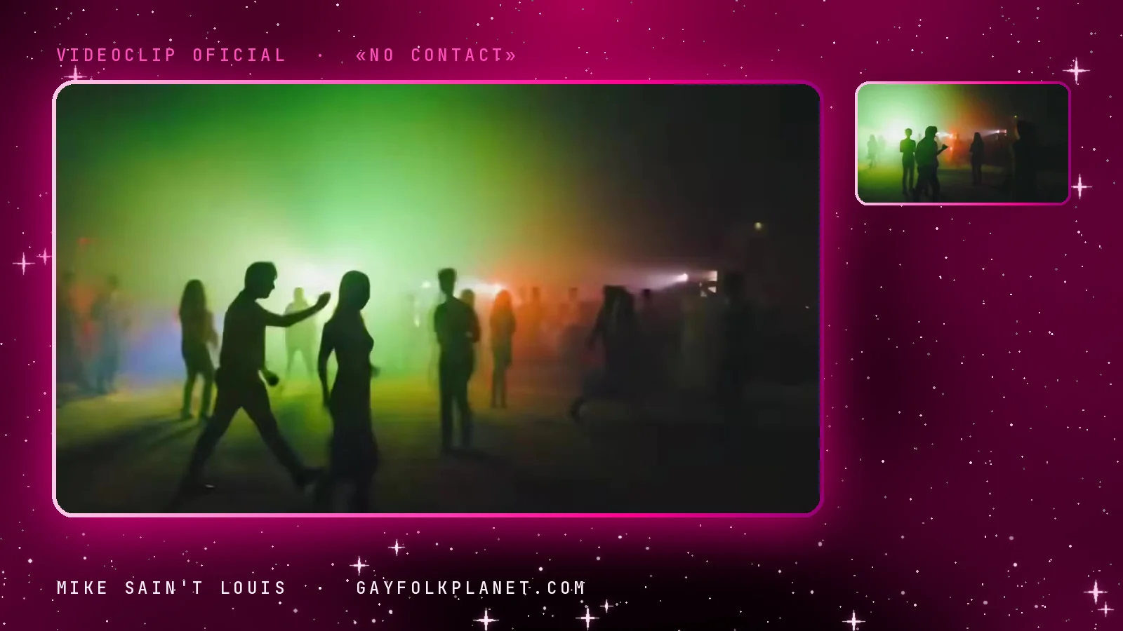 Fotogramas de «No Contact»: varias siluetas negras bailan a contraluz en una pista envuelta en humo verde y naranja, con los brazos en alto y las piernas en movimiento
