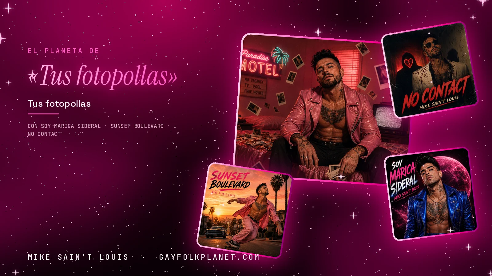 Collage con un detalle de la carátula de «Tus fotopollas» y las carátulas de «Soy marica sideral», «Sunset Boulevard», «No Contact»