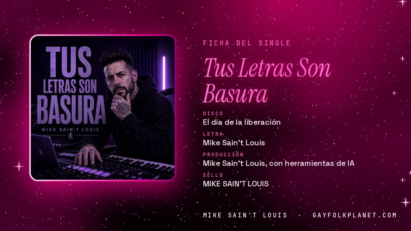 Ficha de la canción «Tus Letras Son Basura» con su carátula: disco «El día de la liberación», letra y producción de Mike Sain't Louis