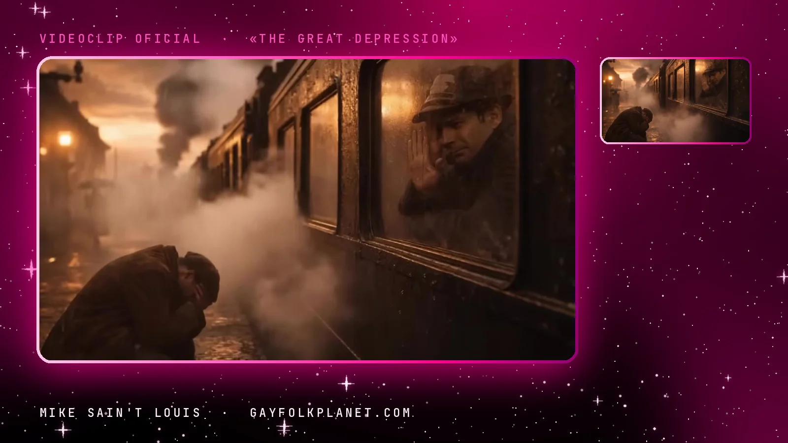 Más fotogramas de «The Great Depression»: un tren de vapor en un andén nocturno envuelto en humo, con una figura encorvada junto a los vagones y la luz de las farolas al fondo