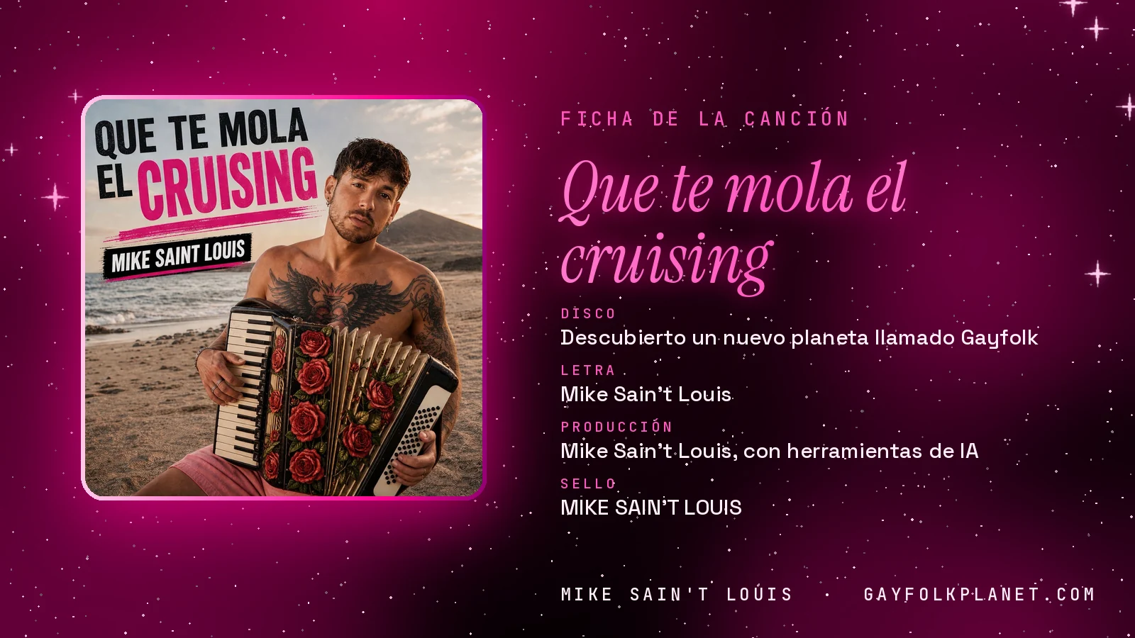 Ficha de «Que te mola el cruising» con su carátula: disco «Descubierto un nuevo planeta llamado Gayfolk», letra y producción de Mike Sain't Louis