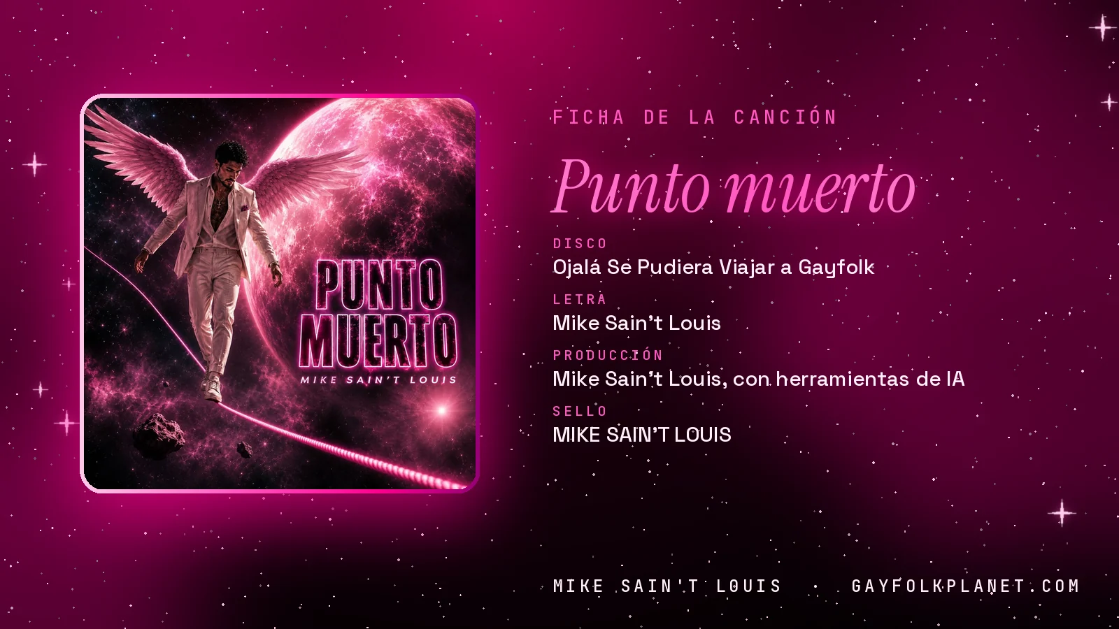 Ficha de «Punto muerto», del disco «Ojalá se pudiera viajar a Gayfolk», con su carátula de una figura de traje claro y alas rosas sobre un planeta
