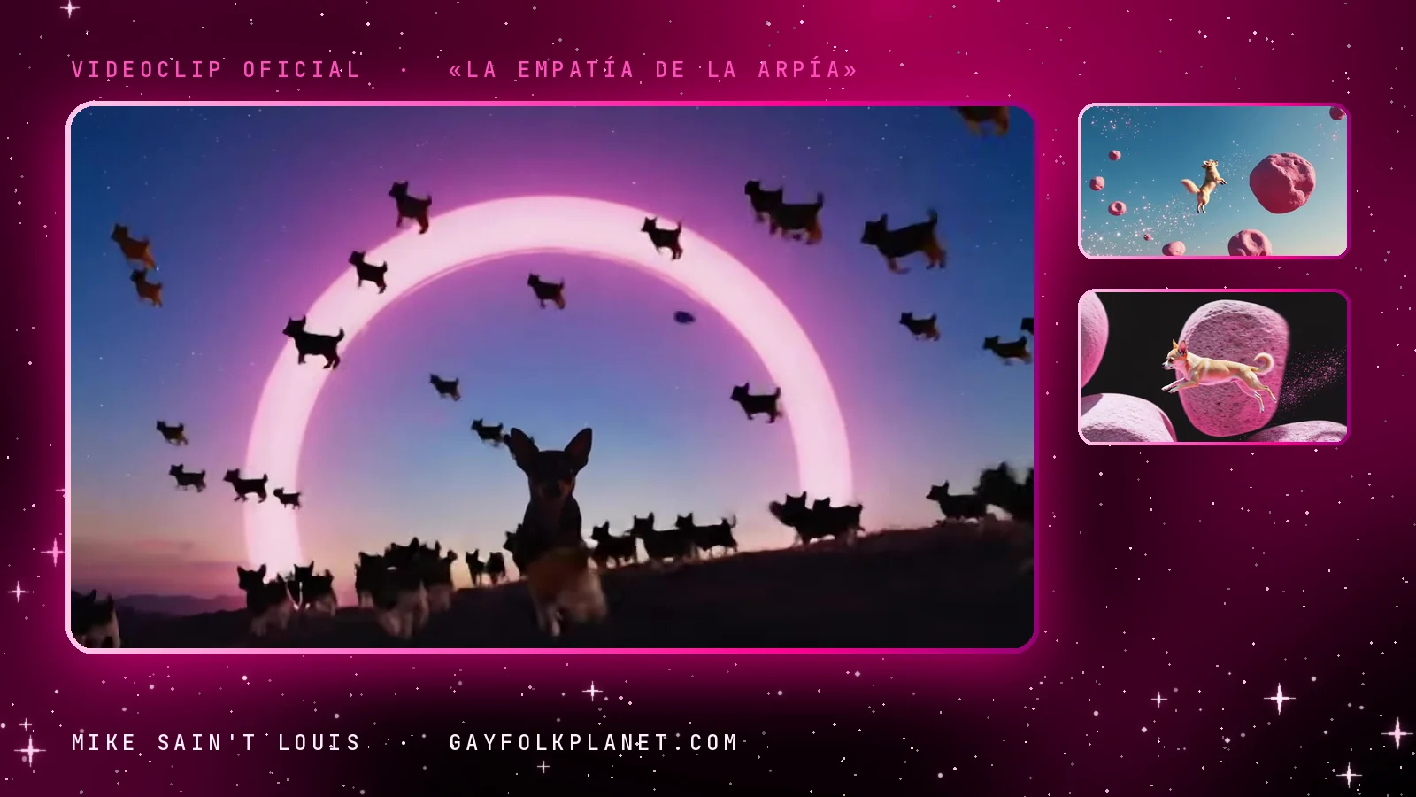 Más fotogramas de «La empatía de la arpía»: decenas de chihuahuas vuelan alrededor del aro de luz rosa al anochecer y otro salta entre rocas rosas suspendidas en el cielo