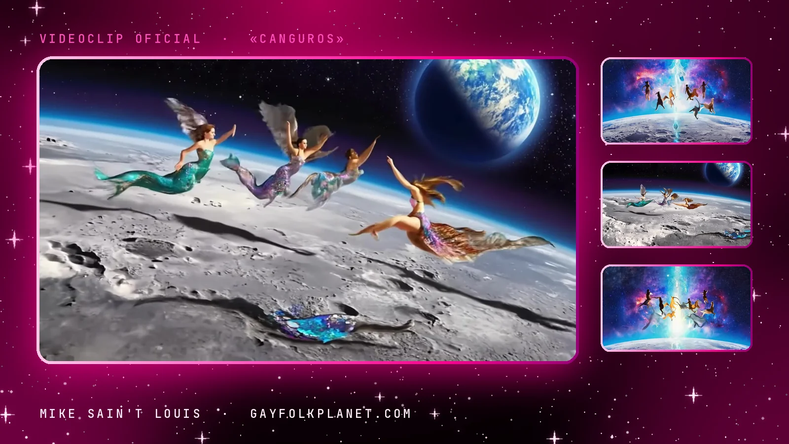 Fotograma del videoclip de «Canguros»: varias sirenas con colas verdes, rosas y doradas flotan sobre la superficie gris de la luna con la Tierra azul al fondo, junto a tres miniaturas de figuras suspendidas sobre la luna ante un estallido de luz violeta