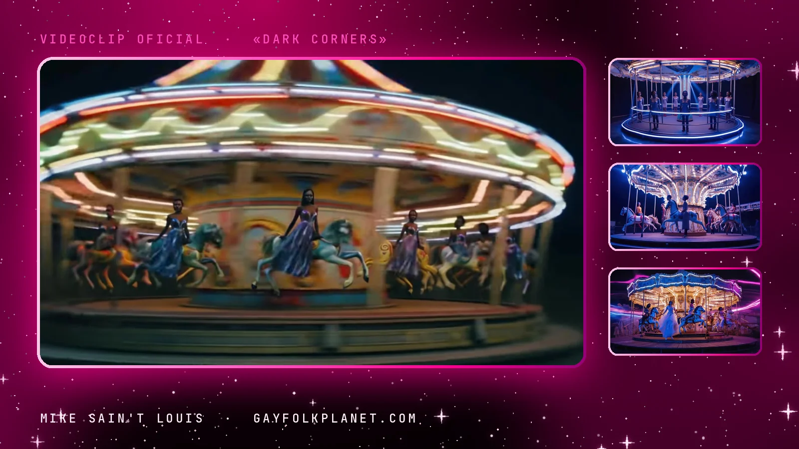 Fotograma del videoclip de «Dark Corners»: un carrusel antiguo de bombillas amarillas con caballos de colores gira en la oscuridad, con tres miniaturas de otros tiovivos de neón azul y violeta