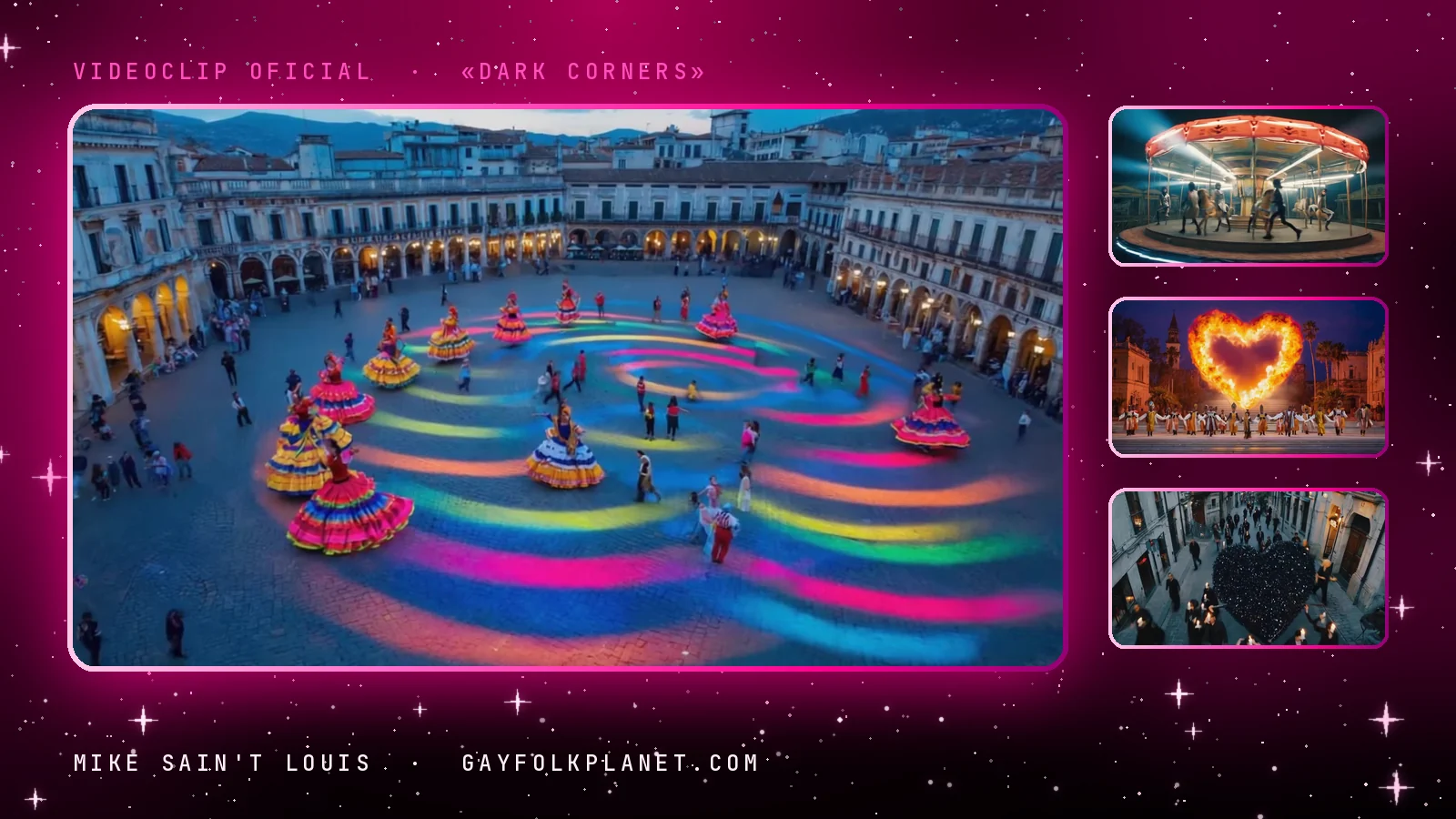 Otro fotograma de «Dark Corners»: una plaza porticada vista desde lo alto, con el suelo pintado de espirales de colores y bailarinas de faldas de volantes, junto a miniaturas de un carrusel, un corazón en llamas y un corazón negro entre la multitud