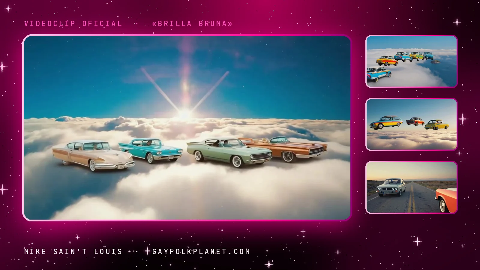 Fotograma del videoclip de «Brilla Bruma»: cuatro coches clásicos de colores pastel flotando sobre un mar de nubes blancas bajo un cielo azul con el sol al fondo, junto a tres miniaturas con más coches sobre las nubes y una carretera recta en el desierto