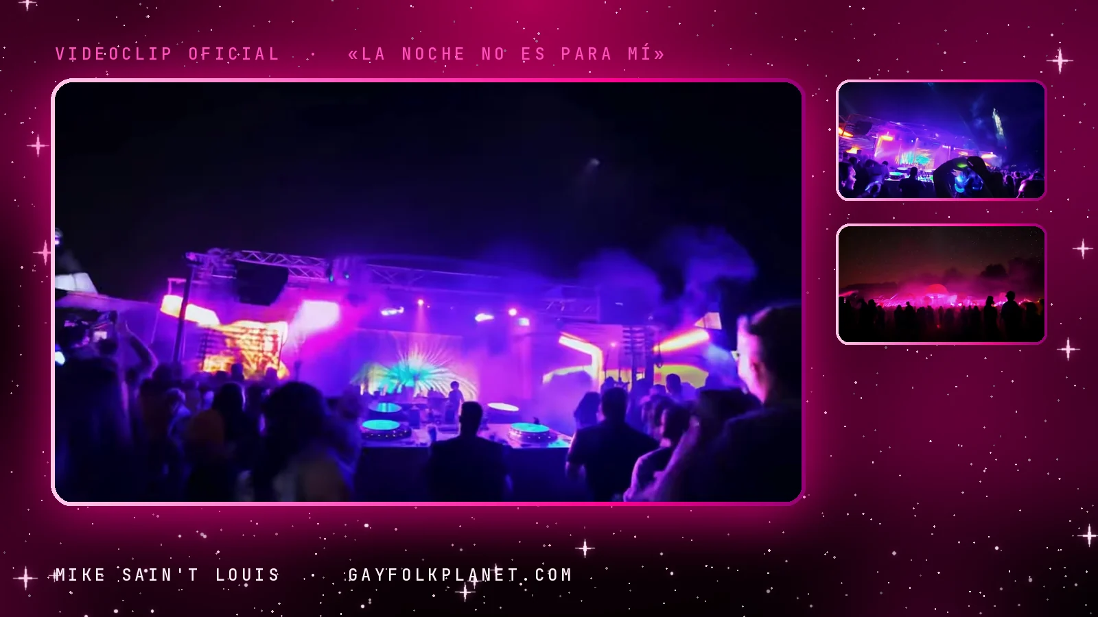 Fotogramas de «La noche no es para mí»: un escenario iluminado de violeta ante una multitud a contraluz, focos sobre la explanada y una masa de gente bajo luces magenta