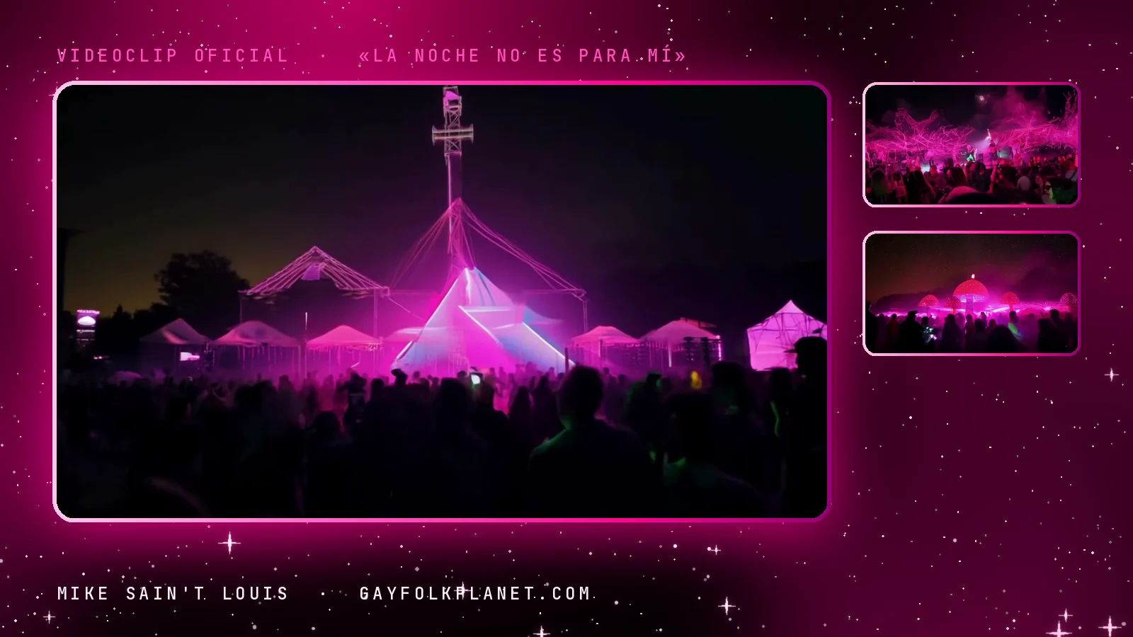 Más fotogramas de «La noche no es para mí»: carpas puntiagudas iluminadas de rosa en la oscuridad, láseres fucsia sobre el público y una cúpula encendida al fondo de un festival