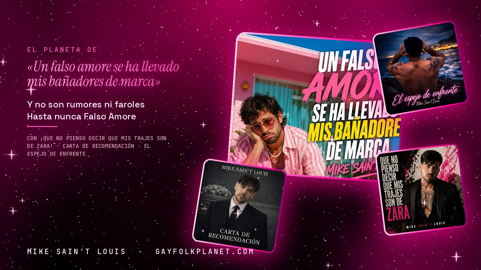 Collage con un detalle de la carátula de «Un falso amore se ha llevado mis bañadores de marca» y las carátulas de «¡Que no pienso decir que mis trajes son de Zara!», «Carta de recomendación», «El Espejo de Enfrente»
