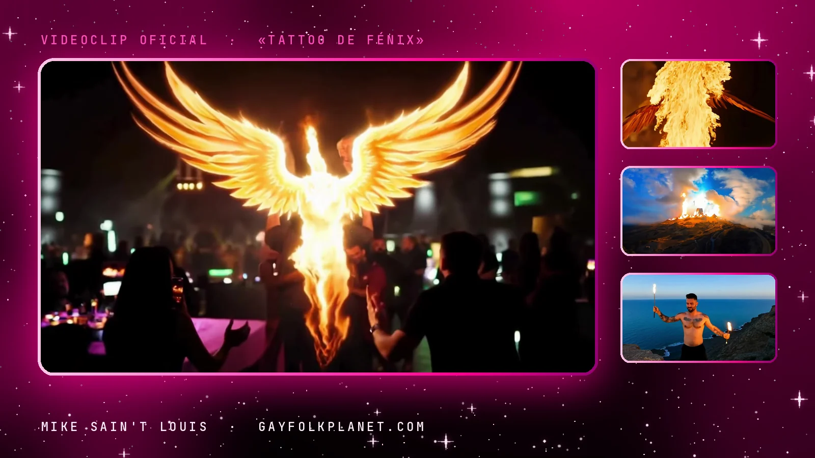 Cuatro momentos de «Tattoo de fénix»: un estadio con aves luminosas sobre el escenario, una lluvia de llamas, una colina coronada por un templo en ruinas y antorchas girando en un acantilado al anochecer