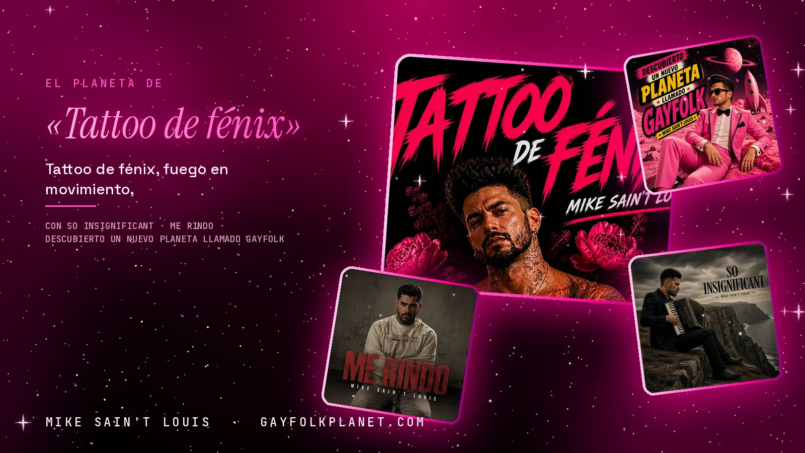 Mosaico con un recorte de la portada del fénix junto a las de «So insignificant», «Me rindo» y el primer disco de la trilogía