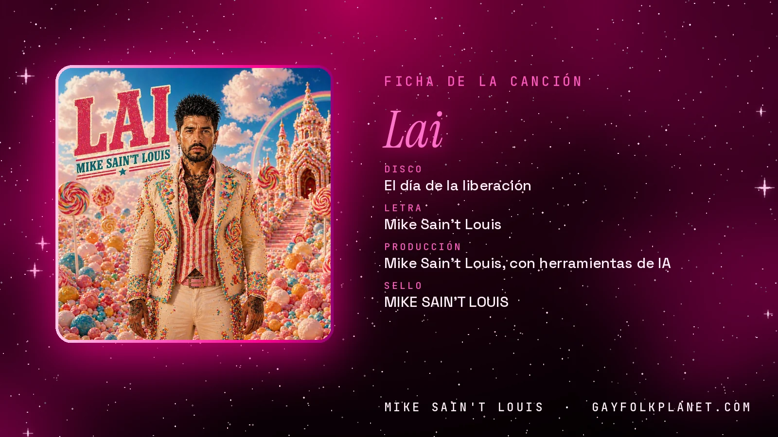 Ficha de «Lai», del disco «El día de la liberación», con su carátula: un hombre con chaqueta clara bordada en un paisaje de caramelos y flores de colores, con un castillo rosa al fondo