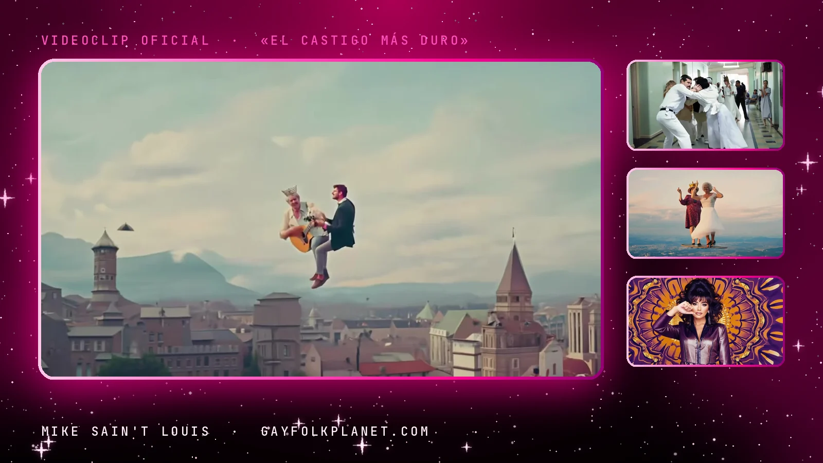 Cuatro fotogramas del videoclip de «El castigo más duro»: dos hombres con guitarras flotando sobre una ciudad de tejados rojos y campanarios, un forcejeo de batas blancas en un pasillo de baldosas, dos señoras con vestido granate y vestido blanco bailando sobre una tabla encima de las nubes y una mujer con chaqueta morada ante un mandala dorado