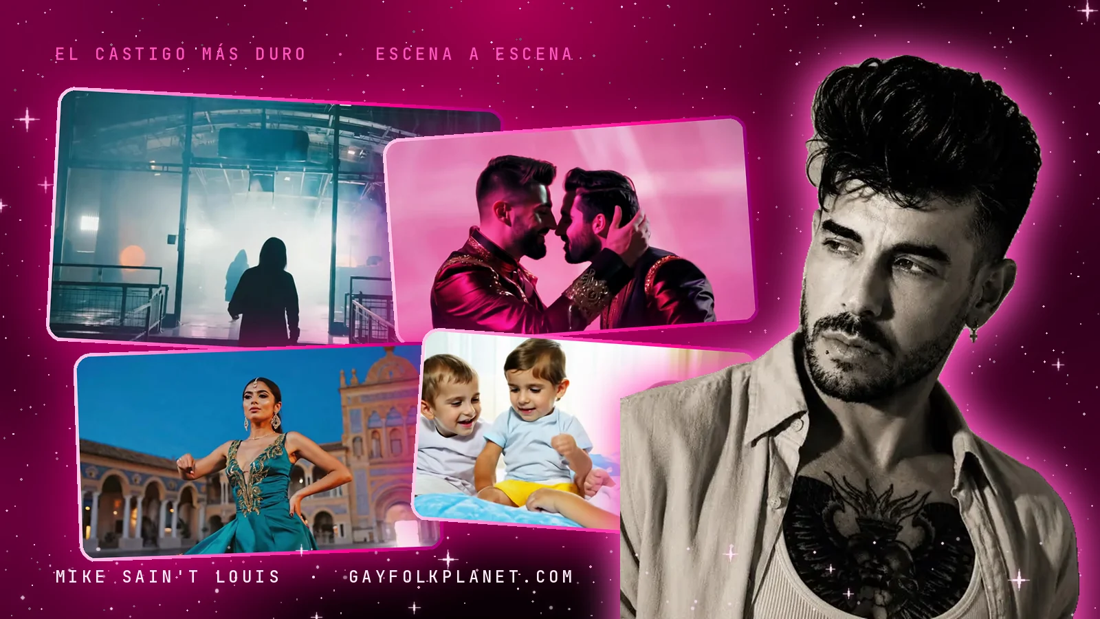 Collage con cuatro fotogramas del videoclip de «El castigo más duro» (una figura ante la niebla tras un cristal, dos hombres con chaquetas de lentejuelas a punto de besarse, una mujer de verde en una plaza de arcos y tres niños riendo en una cama) y un retrato real en blanco y negro de Mike Sain't Louis