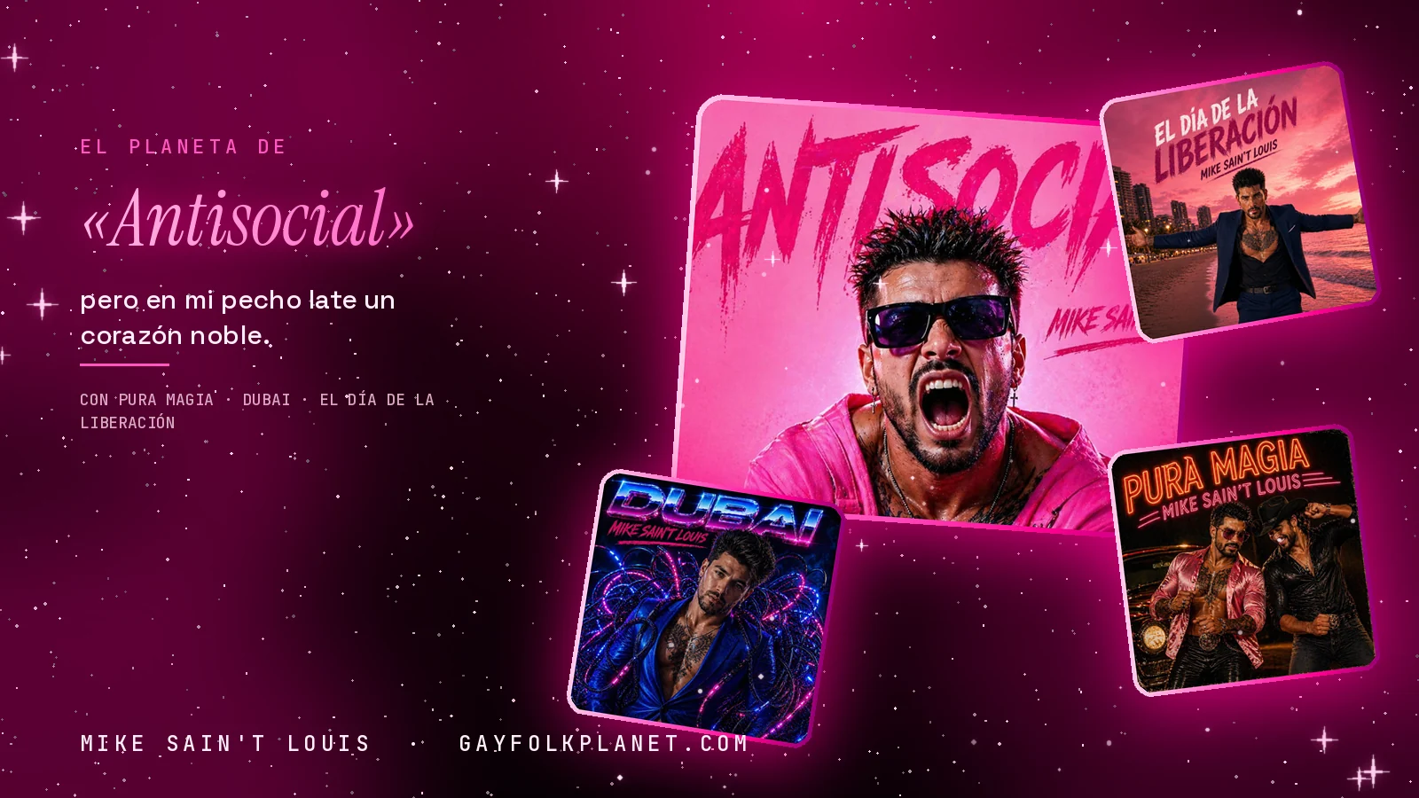 Mosaico con un recorte de la portada de «Antisocial» junto a las de «Pura magia», «Dubai» y el tercer disco de la trilogía