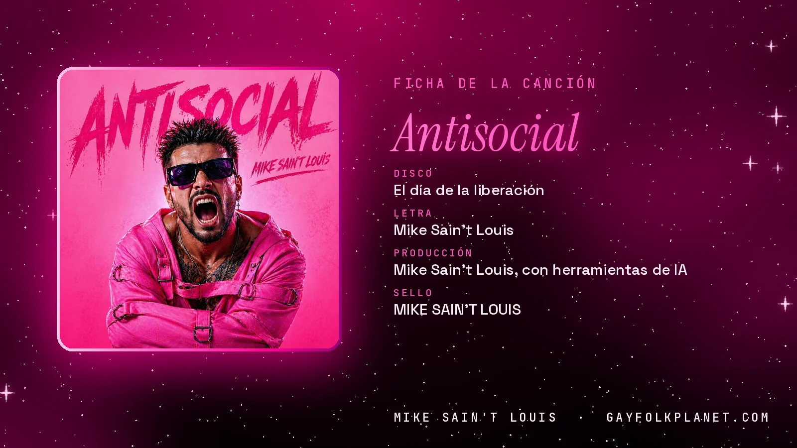 Tarjeta de «Antisocial» en «El día de la liberación»: letra, composición y producción de Mike Sain't Louis, con su carátula