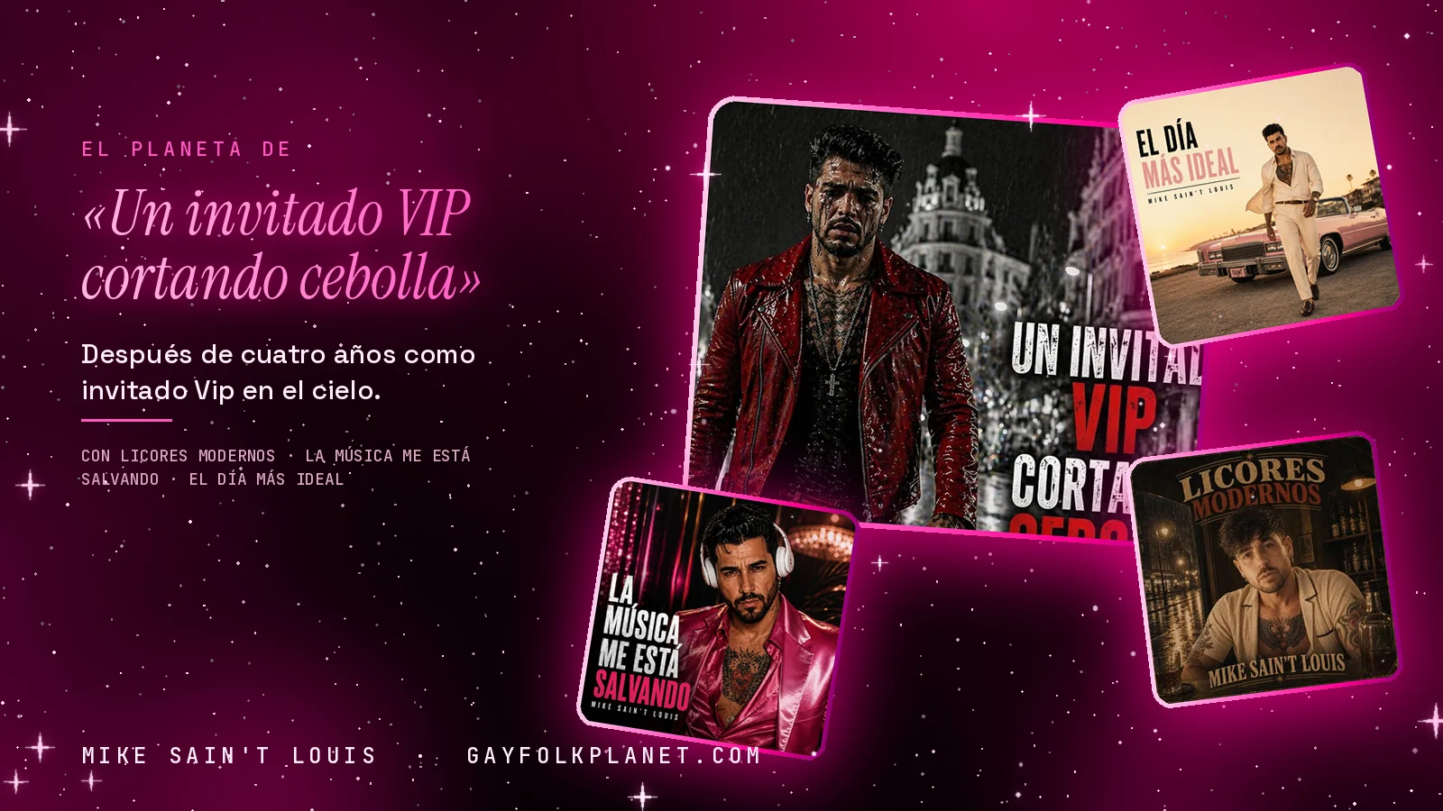 Collage con un detalle de la carátula de «Un invitado VIP cortando cebolla» y las carátulas de «Licores modernos», «La Música Me Está Salvando», «El Día Más Ideal»