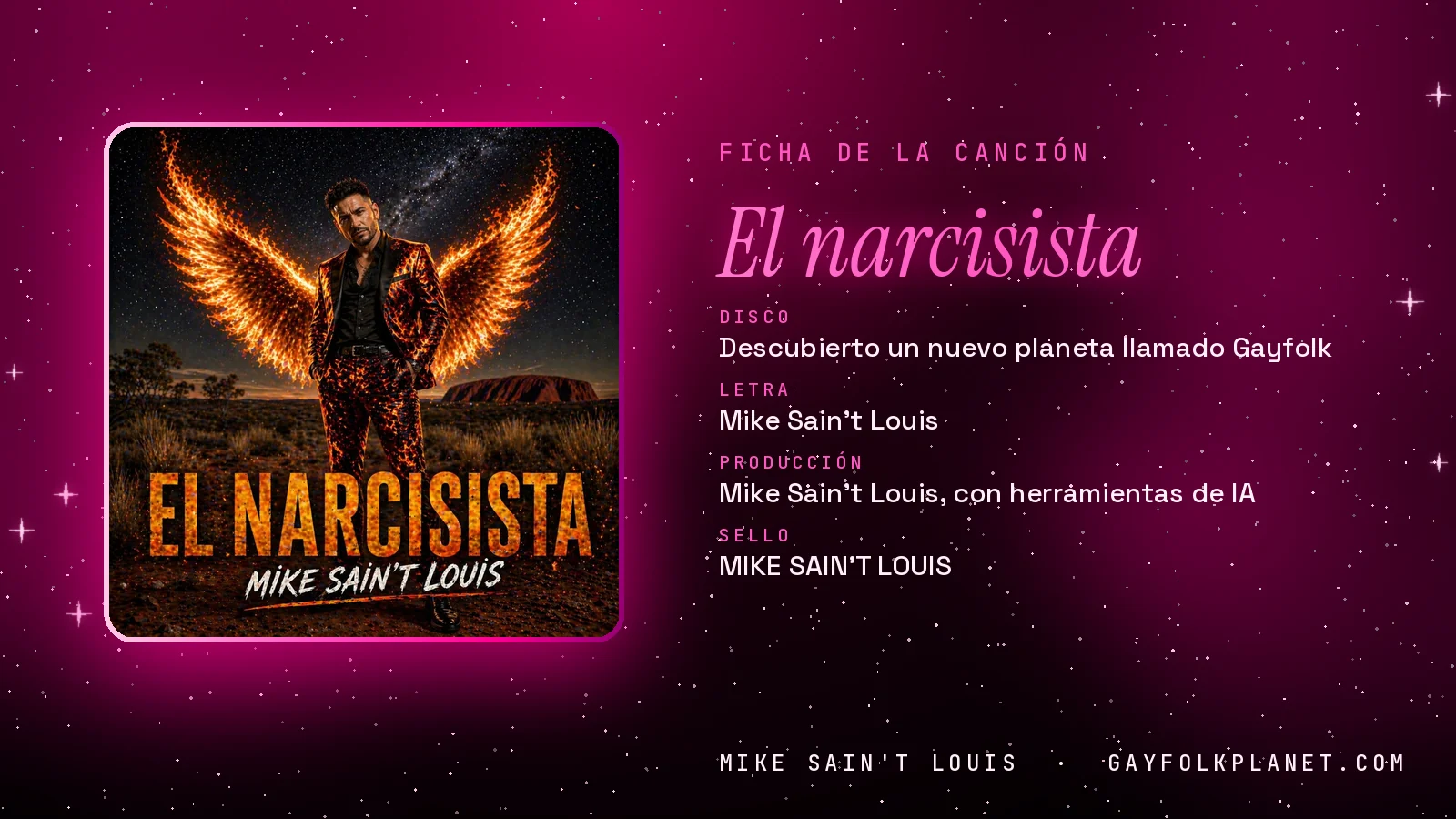 Ficha de «El narcisista» con su carátula: disco «Descubierto un nuevo planeta llamado Gayfolk», letra y producción de Mike Sain't Louis