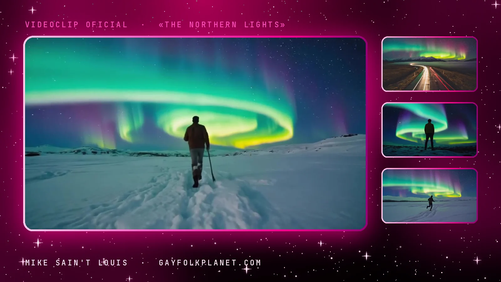 Fotograma del videoclip de «The Northern Lights»: una figura de espaldas con bastón que camina por un sendero de nieve pisada hacia una aurora boreal verde enroscada en el cielo, junto a tres miniaturas con una carretera con estelas de luz, una silueta bajo la aurora y alguien que corre por la nieve