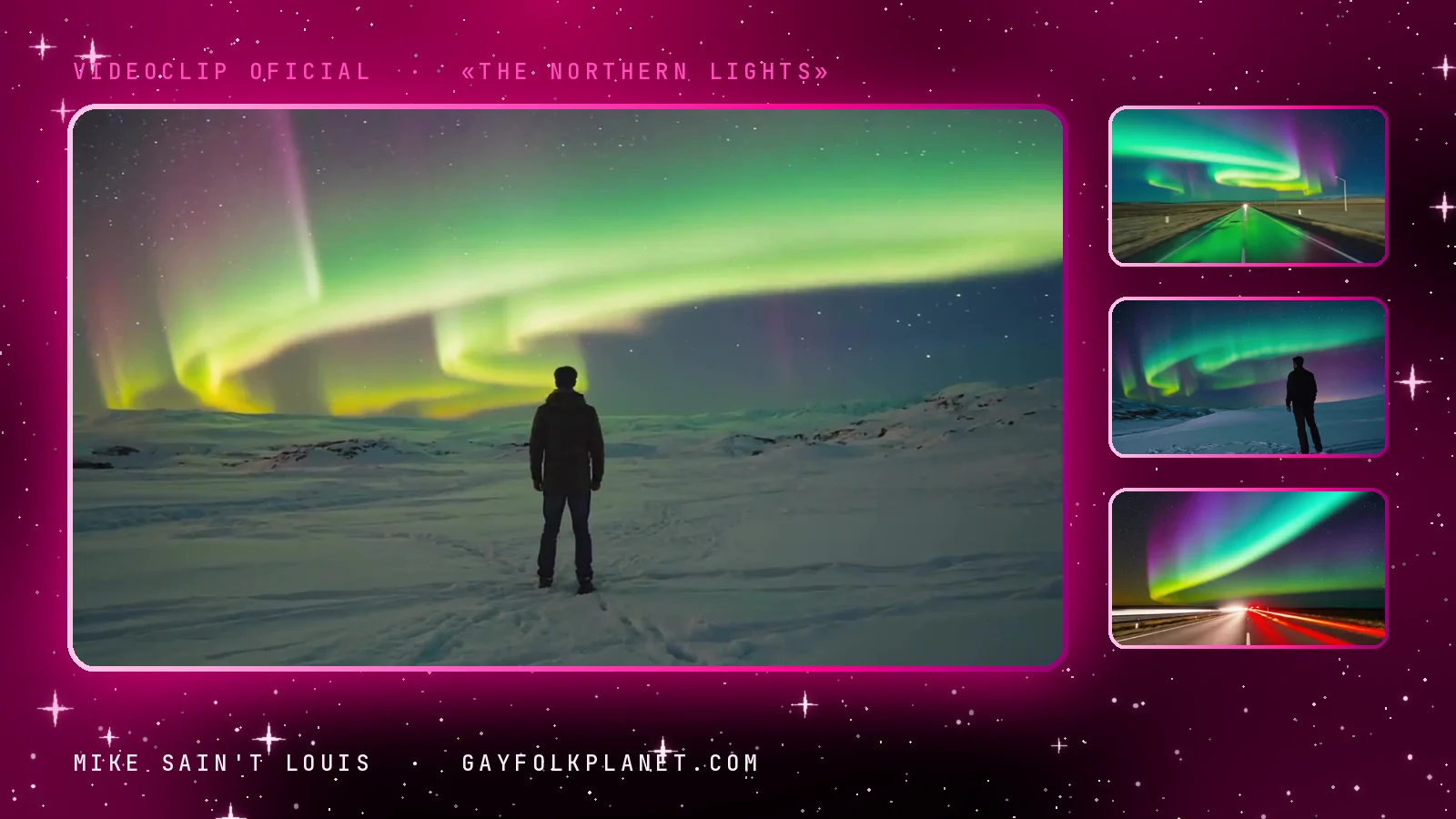 Fotograma del videoclip de «The Northern Lights»: una figura quieta de espaldas en mitad de una llanura nevada bajo cortinas de luz verde, junto a tres miniaturas con una carretera teñida de verde, otra silueta sobre la nieve y estelas rojas de coches bajo la aurora