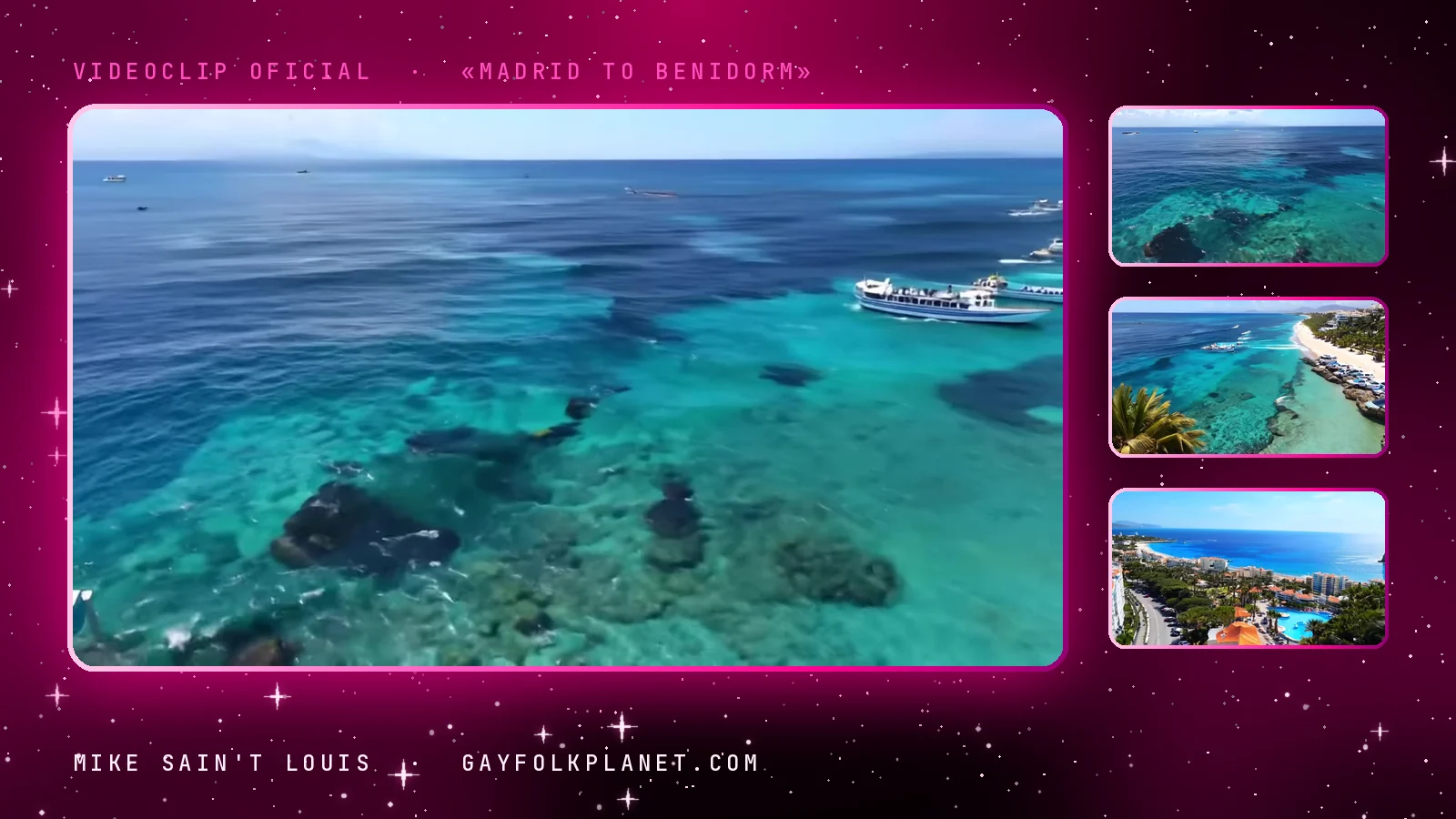 Fotograma del videoclip de «Madrid to Benidorm»: un mar turquesa visto desde el aire con lanchas blancas y rocas bajo el agua transparente, junto a tres miniaturas del mismo mar sin barcos, de una playa con palmeras y bañistas diminutos y de una costa con hoteles y una piscina