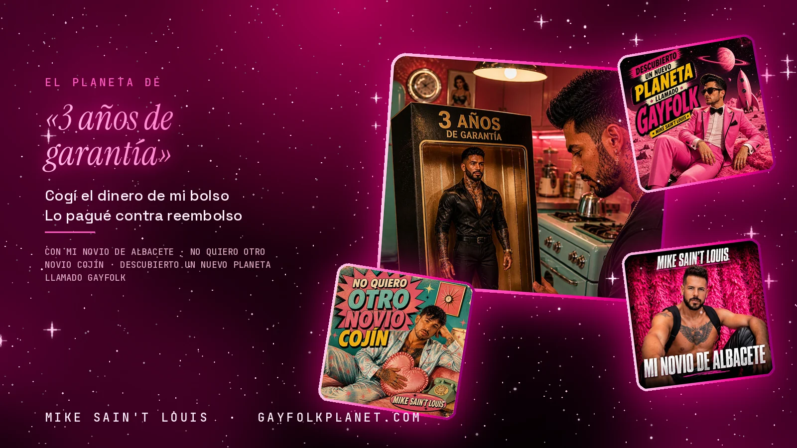 Collage con un detalle de la carátula de «3 años de garantía» y las carátulas de «Mi novio de Albacete», «No quiero otro novio cojín», «Descubierto un nuevo planeta llamado Gayfolk»