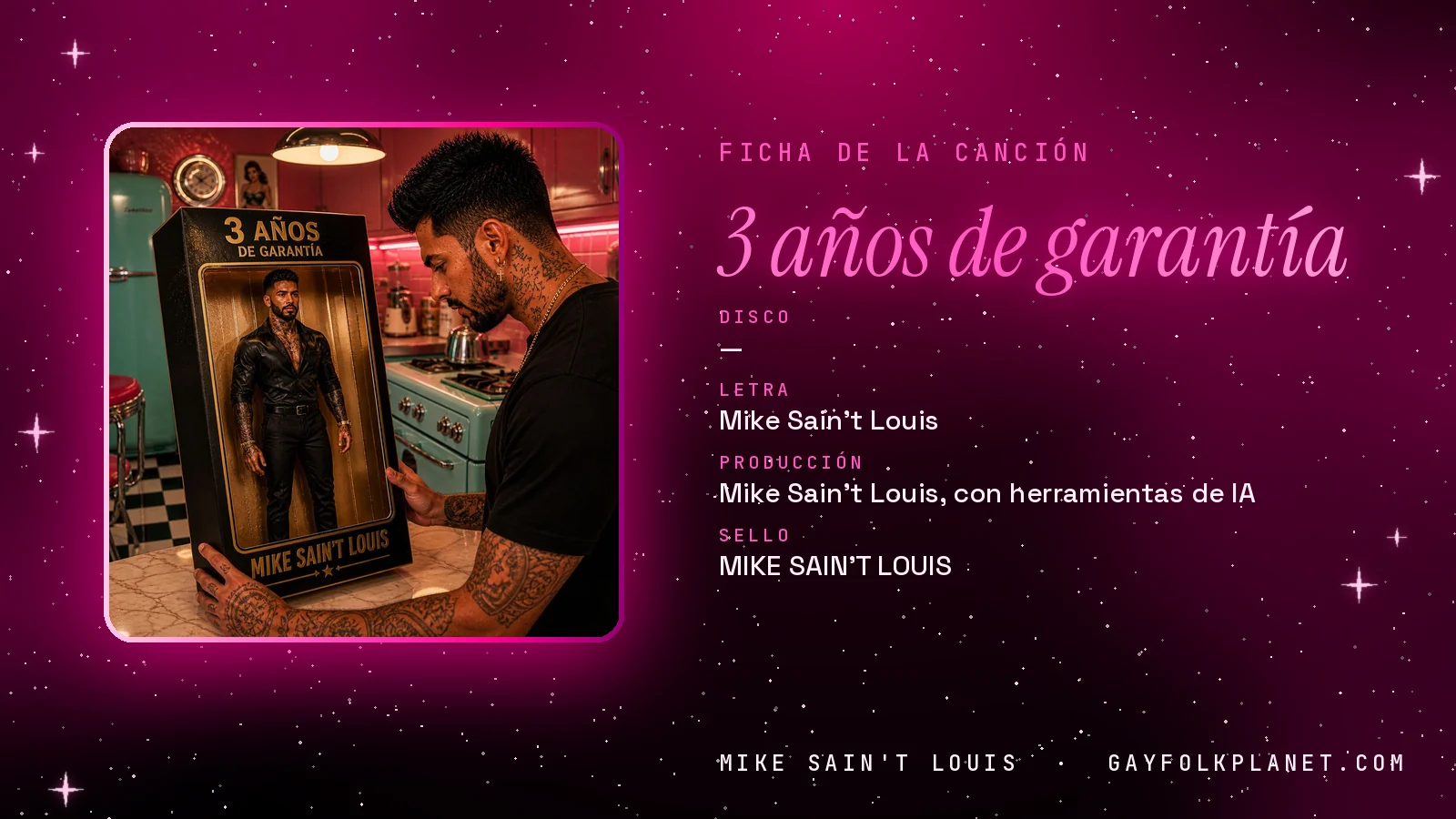 Ficha de la canción «3 años de garantía» con su carátula: letra y producción de Mike Sain't Louis