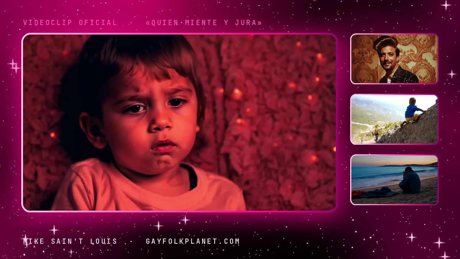 Cuatro fotogramas del videoclip de «Quién miente y jura»: un niño con camiseta rosa a punto de llorar ante un fondo rojo, un hombre de tupé pelirrojo y chaqueta de lentejuelas ante un papel pintado dorado, un niño que trepa por una roca junto al mar y un hombre sentado en la arena al atardecer con la cabeza entre las manos