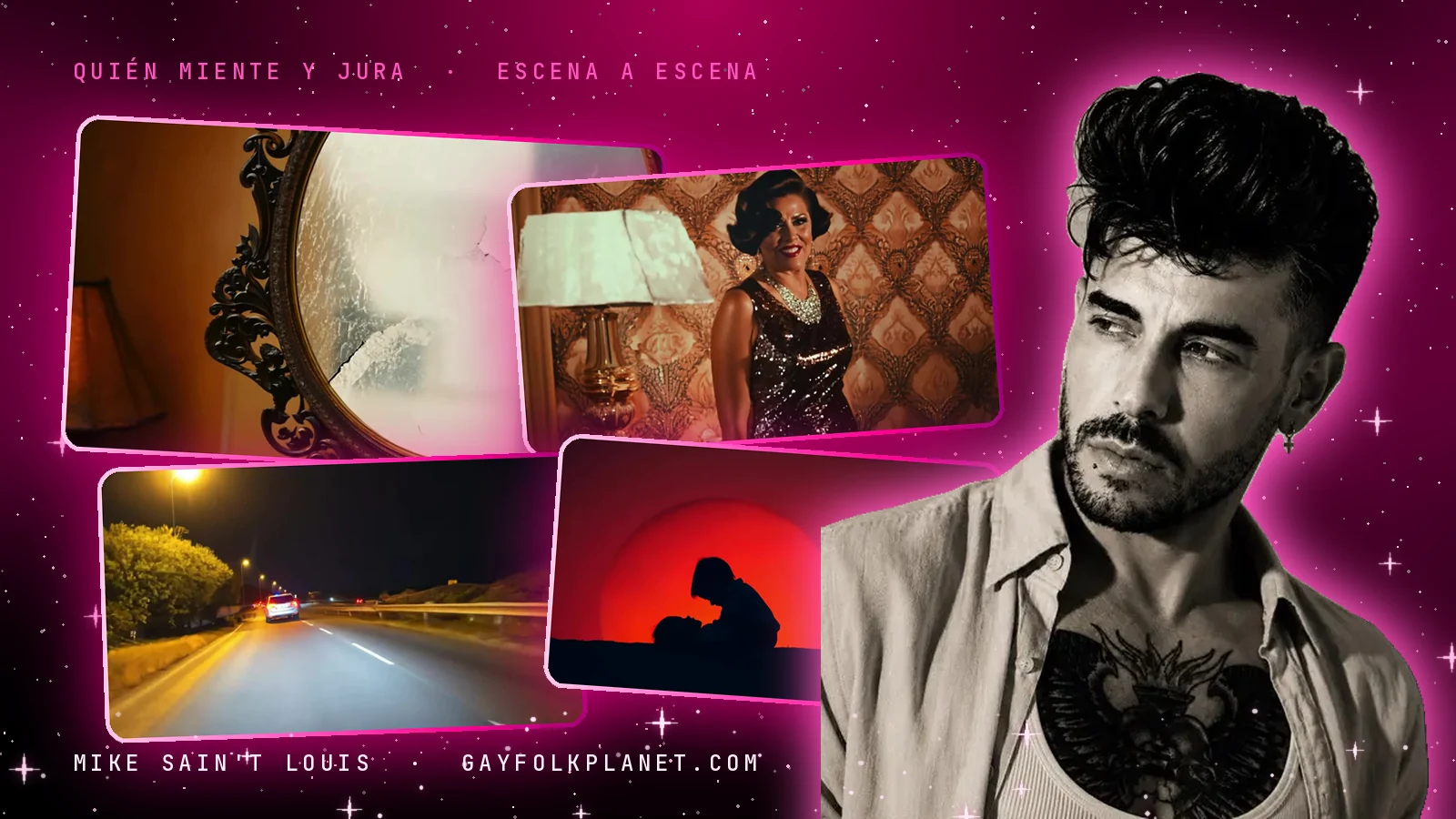 Collage con cuatro fotogramas de «Quién miente y jura» (un espejo ovalado de marco negro tallado, una mujer con vestido de lentejuelas junto a una lámpara, una carretera de noche con un coche que se aleja y una silueta inclinada sobre otra ante un sol rojo) y una foto real de Mike en blanco y negro