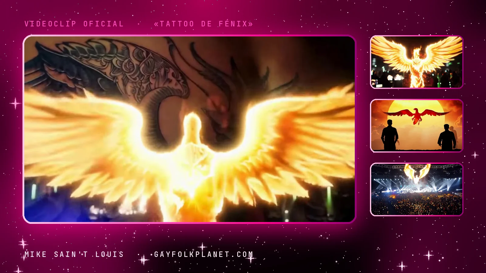 Fotograma del videoclip de «Tattoo de fénix»: unas alas enormes de fuego dorado que se despliegan delante de un dibujo tatuado, junto a tres miniaturas de un fénix ardiendo sobre la pista, un ave roja ante un sol gigante entre dos siluetas y un fénix sobre un escenario de festival