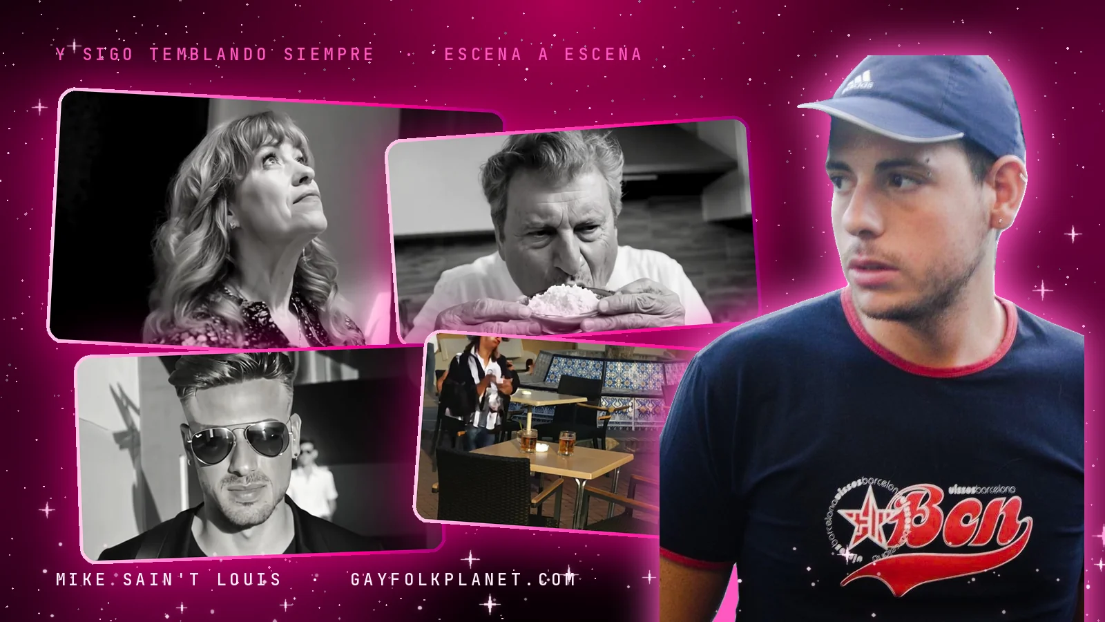 Collage con cuatro fotogramas del videoclip de «Y sigo temblando siempre» (una mujer que mira hacia arriba, un hombre que come arroz con las manos, un chico con gafas de aviador y la terraza en color con dos jarras de cerveza sobre la mesa) y una foto real de Mike Sain't Louis