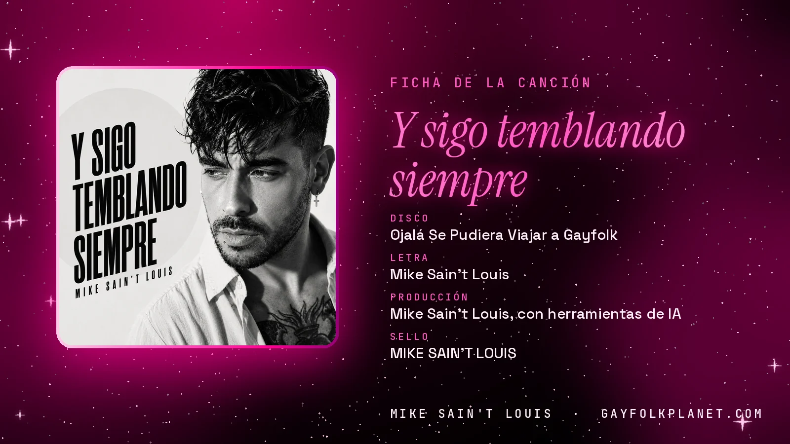 Ficha de «Y sigo temblando siempre» con su carátula: disco «Ojalá se pudiera viajar a Gayfolk», letra y producción de Mike Sain't Louis