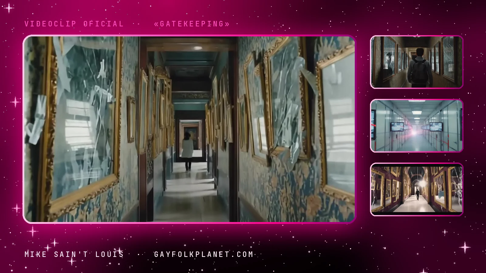 Fotograma del videoclip de «Gatekeeping»: una galería de paredes azuladas forrada de cuadros con marcos dorados y una figura lejana que camina hacia una puerta iluminada, junto a tres miniaturas de un chico de espaldas en un pasillo de cuadros torcidos, un corredor blanco con pantallas y una galería granate con lámpara de araña