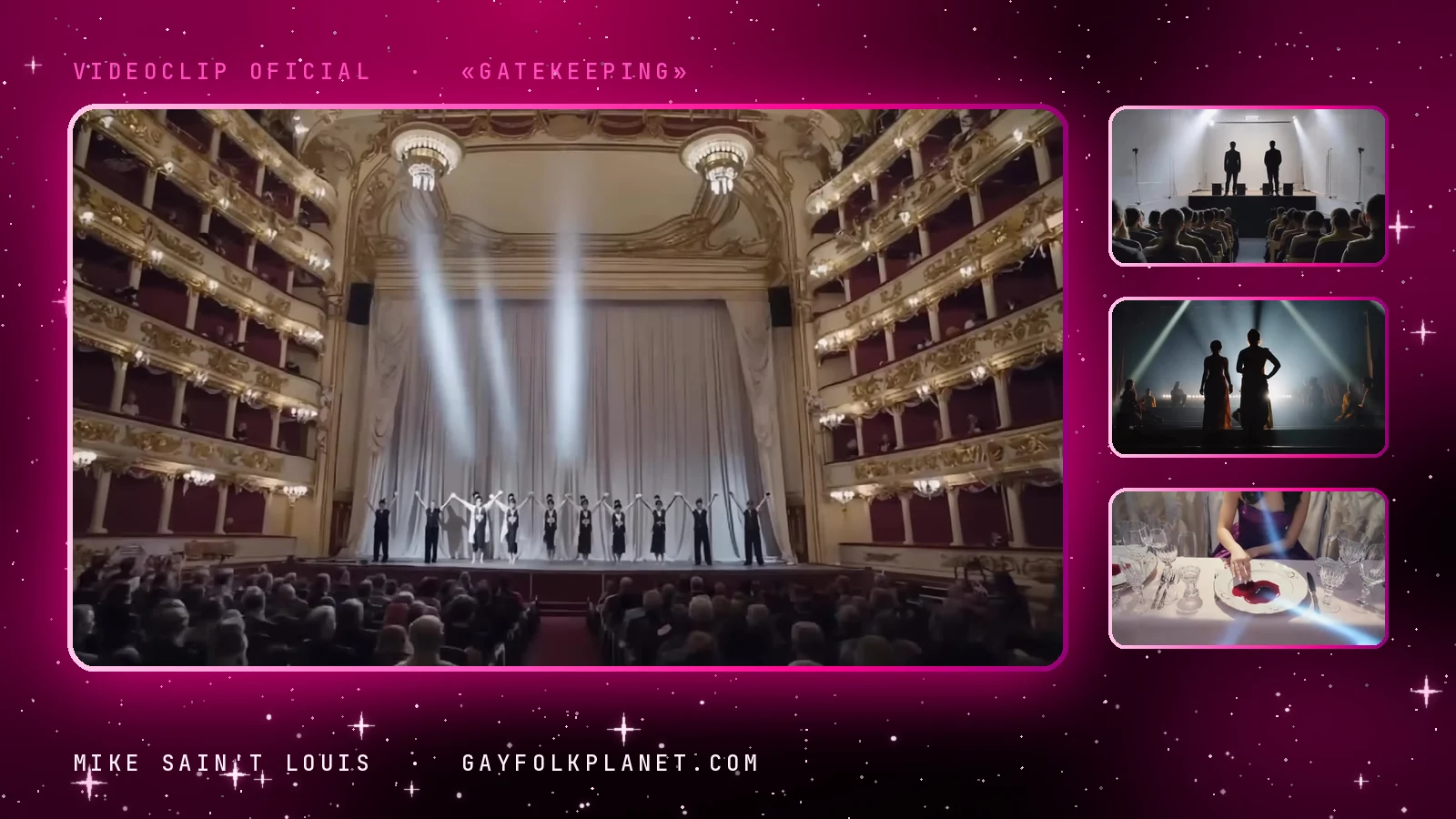 Fotograma del videoclip de «Gatekeeping»: un gran teatro de ópera con palcos dorados, lámparas de cristal y un elenco iluminado en el escenario ante el patio de butacas lleno, junto a tres miniaturas de dos siluetas a contraluz ante el público y de una mano con uñas pintadas junto a un plato con una mancha roja