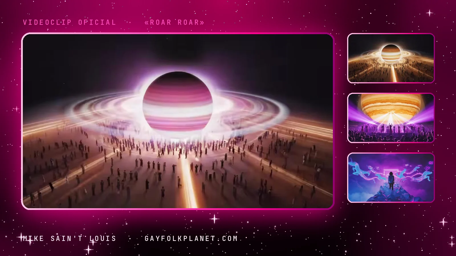 Fotograma del videoclip de «Roar Roar»: un planeta rosado rodeado de anillos de luz se alza sobre una inmensa multitud en penumbra, con un camino luminoso hacia él, y tres miniaturas del planeta, del escenario violeta y de una figura entre pájaros de luz
