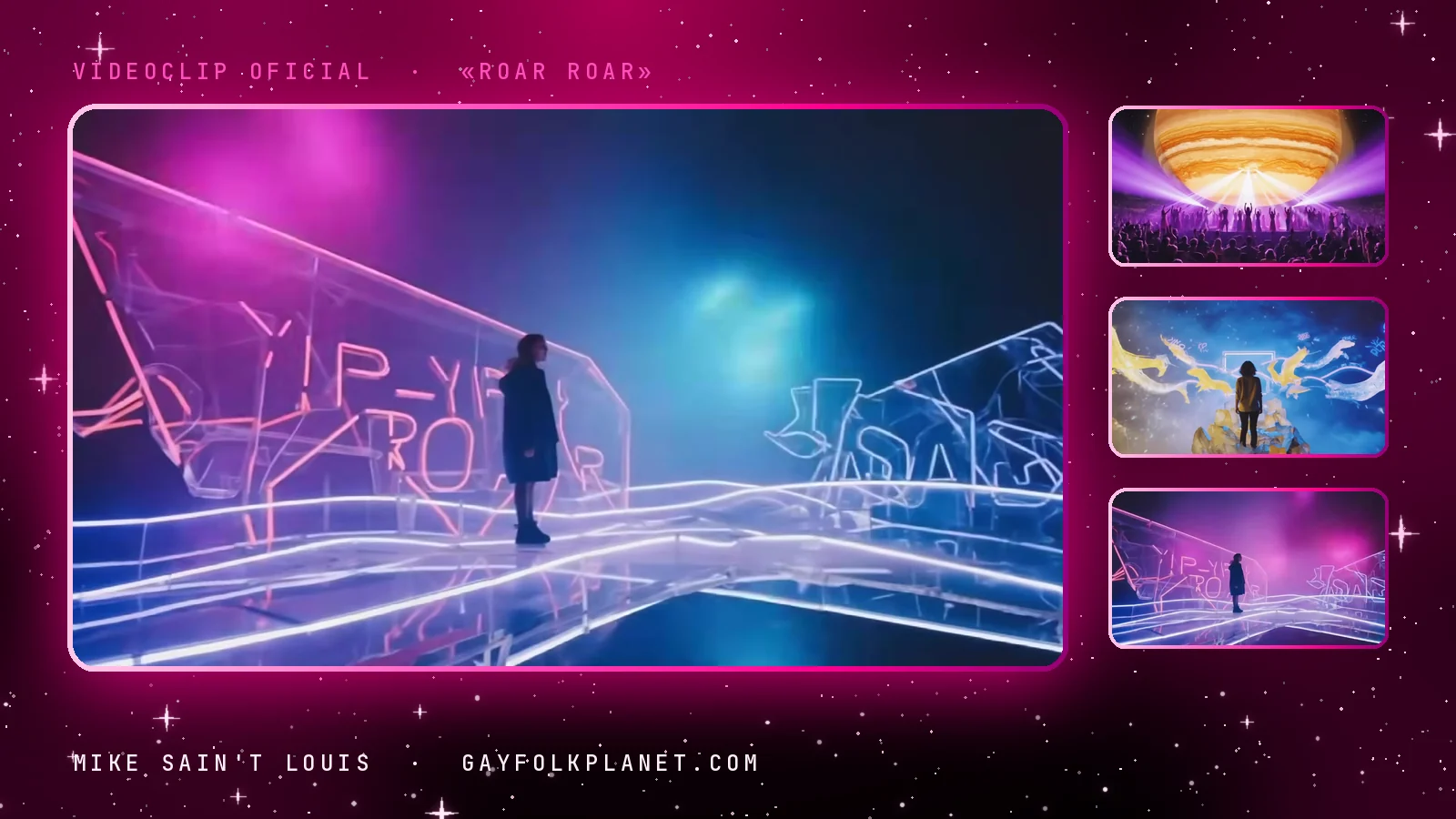 Otro fotograma de «Roar Roar»: una figura de espaldas sobre una pasarela luminosa entre palabras de neón como YIP-YIP y ROAR ROAR, junto a miniaturas del planeta sobre la multitud y de figuras rodeadas de criaturas de colores