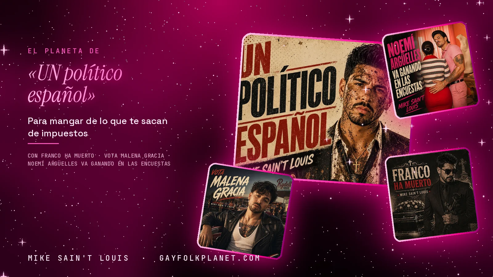 Collage con un detalle de la carátula de «UN político español» y las carátulas de «Franco ha muerto», «Vota Malena Gracia», «Noemí Argüelles va ganando en las encuestas»