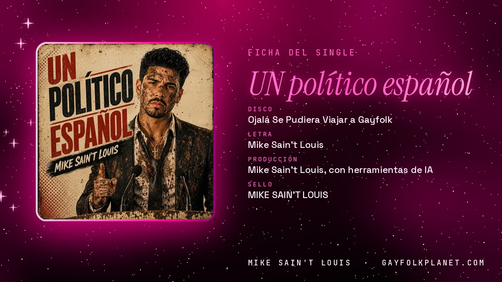Ficha de la canción «UN político español» con su carátula: disco «Ojalá Se Pudiera Viajar a Gayfolk», letra y producción de Mike Sain't Louis
