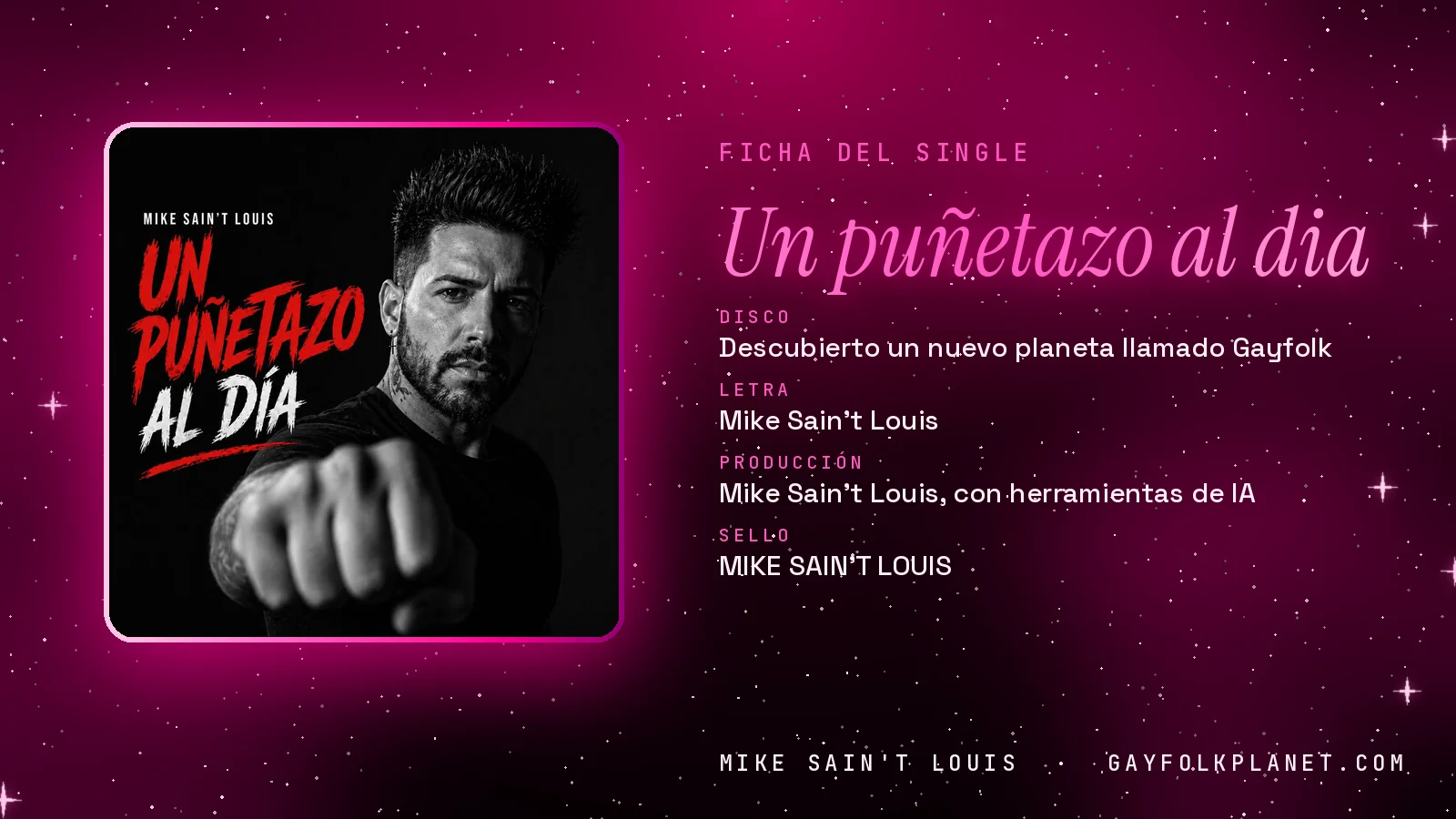 Ficha de la canción «Un puñetazo al dia» con su carátula: disco «Descubierto un nuevo planeta llamado Gayfolk», letra y producción de Mike Sain't Louis