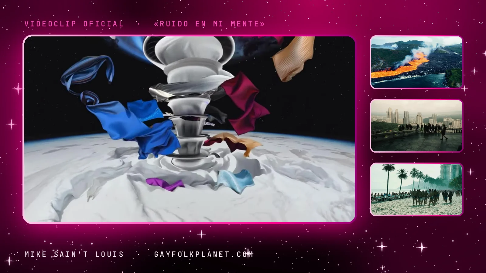 Fotograma del videoclip de «Ruido en mi mente»: una columna de piezas blancas apiladas sobre un suelo blanco arremolinado, rodeada de prendas de ropa azules, moradas y doradas que flotan, junto a tres miniaturas con la colada de lava hacia el mar, un mirador entre rascacielos y una playa con palmeras