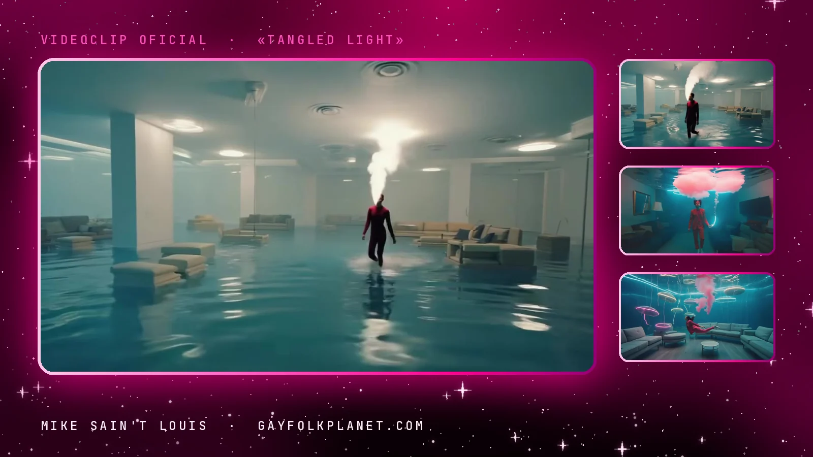 Fotograma del videoclip de «Tangled Light»: un salón amplio con columnas y sofás inundado de agua turquesa, con una figura de rojo al fondo bajo una columna de vapor blanco, y tres miniaturas del salón con nubes rosas