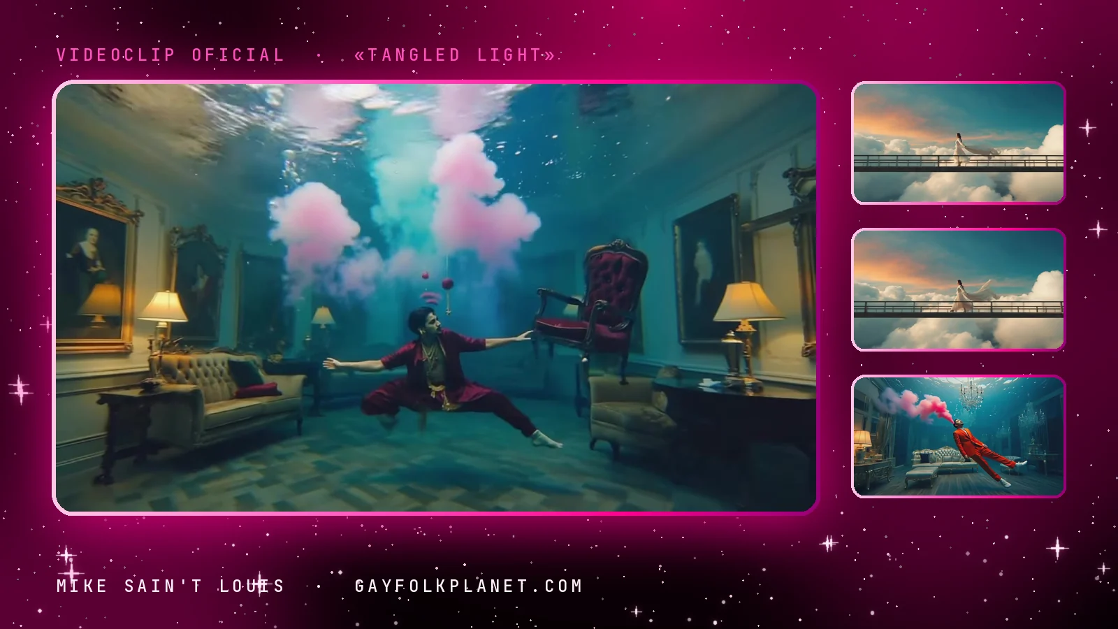 Otro fotograma de «Tangled Light»: un salón antiguo con cuadros, lámparas y sillones completamente bajo el agua, con nubes rosas flotando y una figura de rojo suspendida, junto a miniaturas de un puente sobre las nubes y del salón sumergido