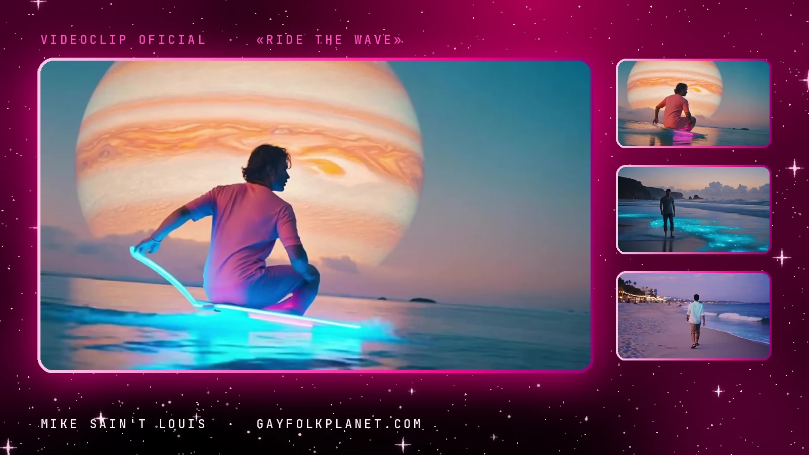 Fotograma del videoclip de «Ride the Wave»: un surfista de espaldas, agachado sobre una tabla con bordes de neón azul, se desliza hacia un enorme planeta de franjas naranjas y rosas, con tres miniaturas de surfistas y paseantes en la orilla
