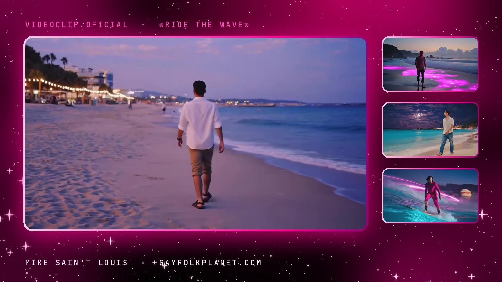 Otro fotograma de «Ride the Wave»: un hombre con camisa blanca camina de espaldas por la arena al anochecer junto a un paseo marítimo iluminado, con miniaturas de la orilla fosforescente rosa y de una surfista de neón